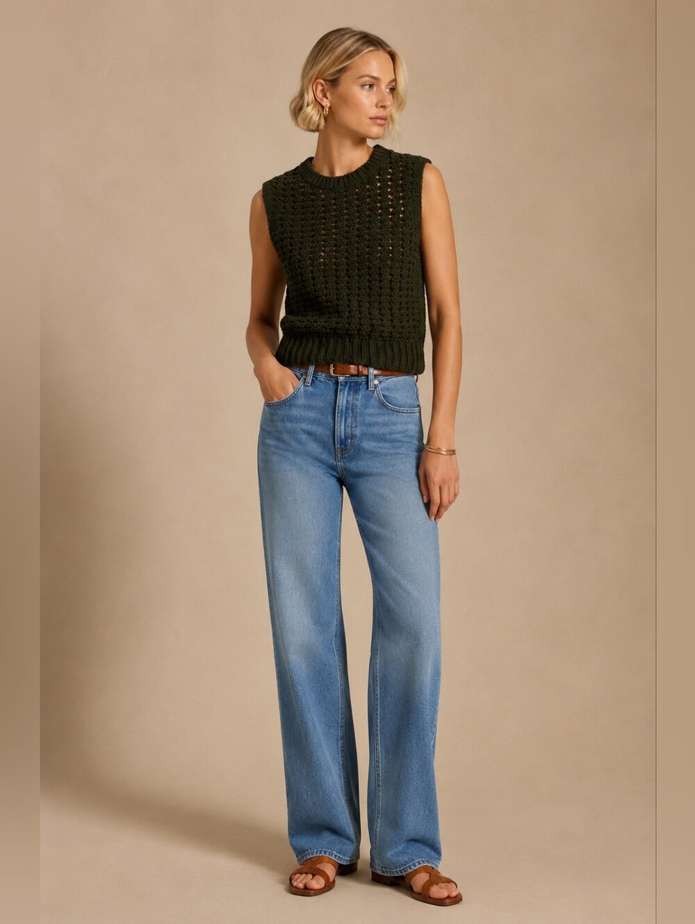 Frame Denim Olive Green Crochet Crop Sweater Vest